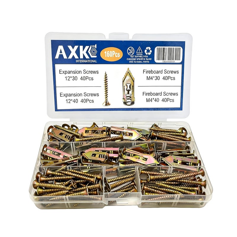 AXK Self Drilling Drywall Anchor Kit 160pcs - Carbon Steel Zinc Expansion Anchors with Self Tapping Screws - Image 1